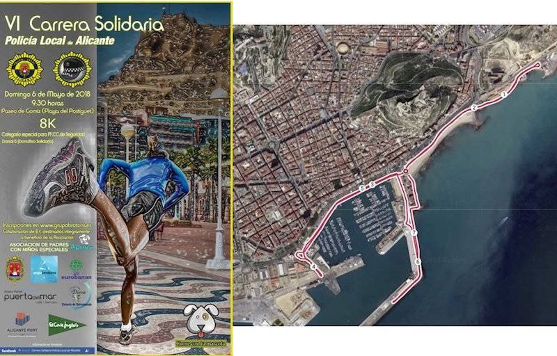 Cartel y recorrido de la VI Carrera Solidaria Policía Local de Alicante. 6 mayo 2018. Grupo Comunicating